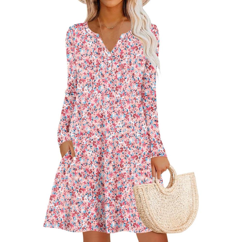 imageANRABESS Long Sleeve Dresses for Women 2025 Fall Casual Flowy Swing V Neck Boho Floral Mini Travel Vacation Dress with PocketFloral Pink