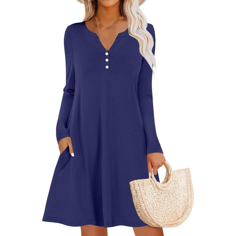 imageANRABESS Long Sleeve Dresses for Women 2025 Fall Casual Flowy Swing V Neck Boho Floral Mini Travel Vacation Dress with PocketNavy Blue