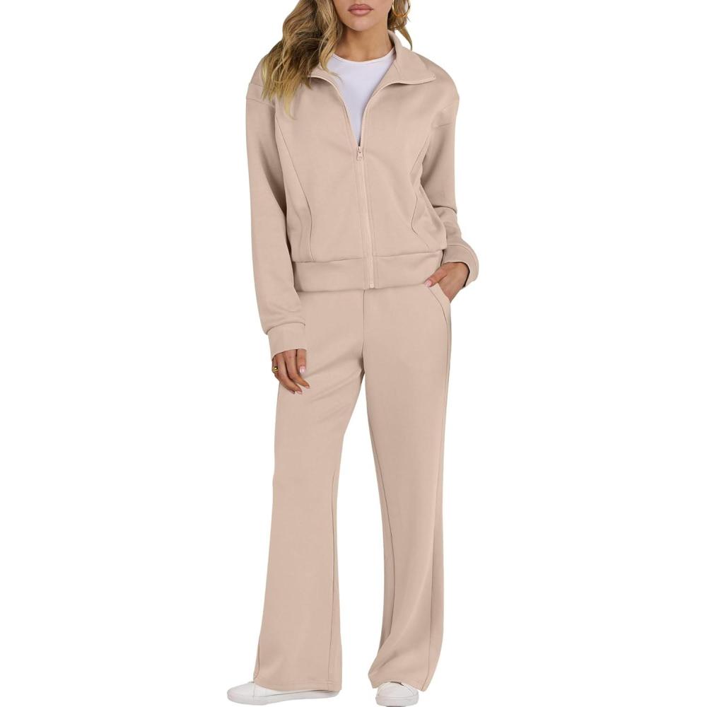 imageANRABESS Lounge Sets for Women 2 Piece Outfits Sweatsuit Fall Zip Up Sweatshirts Wide Leg Pants Matching Sweat Set TracksuitKhaki