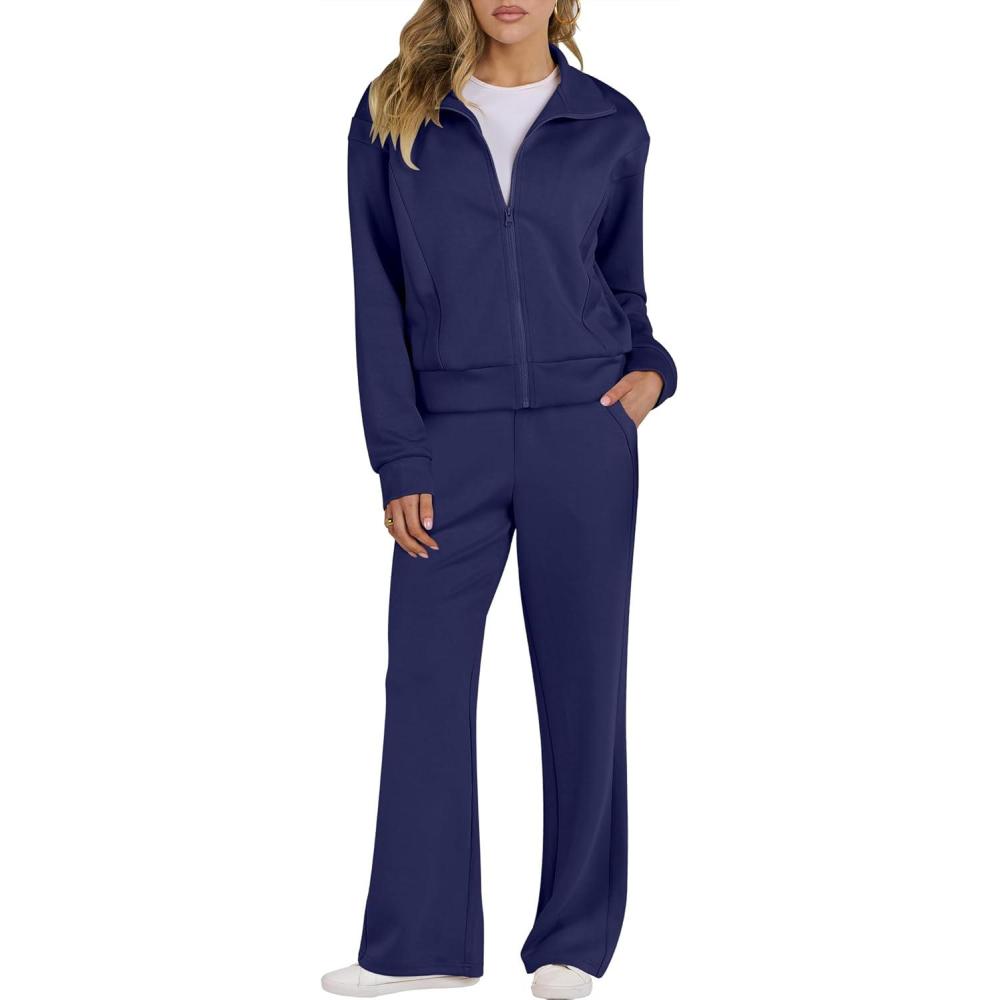 imageANRABESS Lounge Sets for Women 2 Piece Outfits Sweatsuit Fall Zip Up Sweatshirts Wide Leg Pants Matching Sweat Set TracksuitNavy Blue