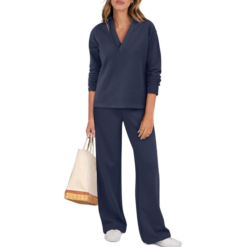 imageANRABESS Lounge Sets for Women 2 Piece Outfits Sweatsuit Set Fall V Neck Sweatshirts Wide Leg Pants TracksuitsNavy Blue