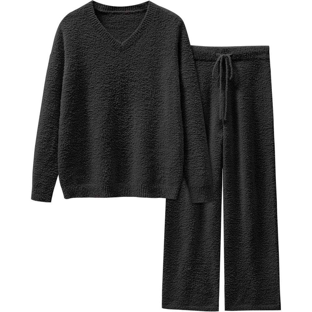 imageANRABESS Lounge Sets for Women Fuzzy Fleece Pajama Sets 2 Piece Outfits Cozy Sweater Matching Set 2025 Fall Winter LoungewearBlack