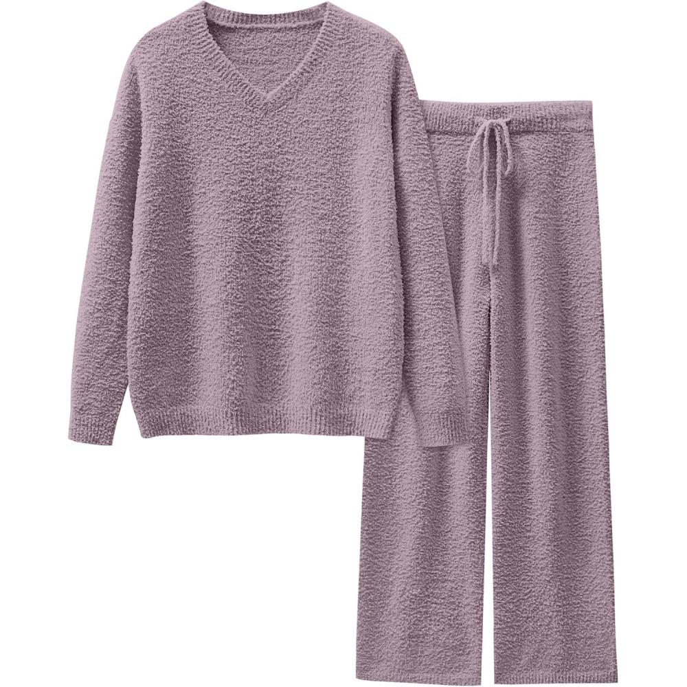 imageANRABESS Lounge Sets for Women Fuzzy Fleece Pajama Sets 2 Piece Outfits Cozy Sweater Matching Set 2025 Fall Winter LoungewearPurple