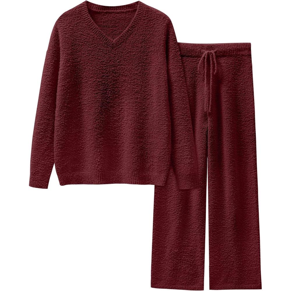 imageANRABESS Lounge Sets for Women Fuzzy Fleece Pajama Sets 2 Piece Outfits Cozy Sweater Matching Set 2025 Fall Winter LoungewearWine Red