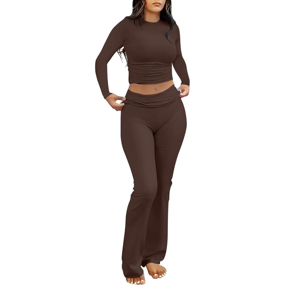imageANRABESS Women 2 Piece Outfits Fall Lounge Sets Long Sleeve Cropped Top Fold Over Flare Pants Comfy Pajamas Set Y2K ClothesCoffee
