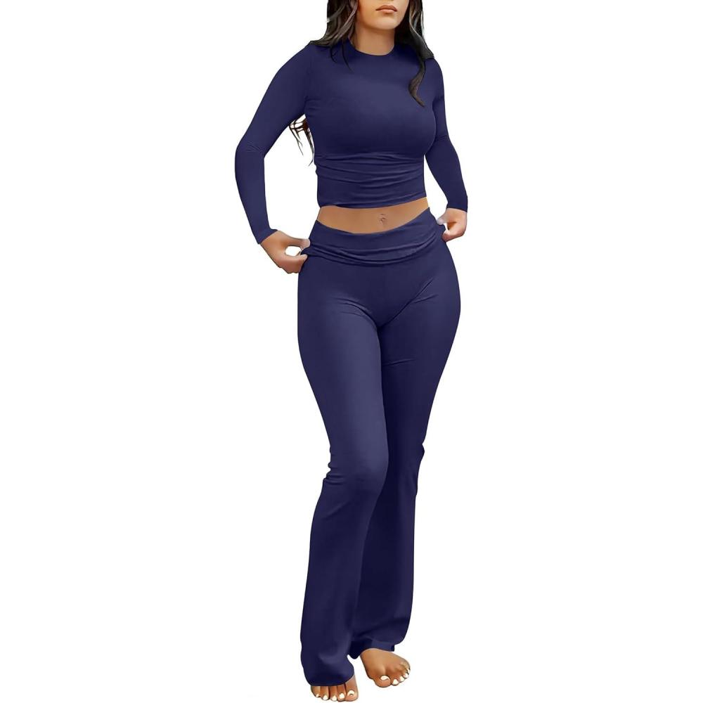 imageANRABESS Women 2 Piece Outfits Fall Lounge Sets Long Sleeve Cropped Top Fold Over Flare Pants Comfy Pajamas Set Y2K ClothesNavy Blue