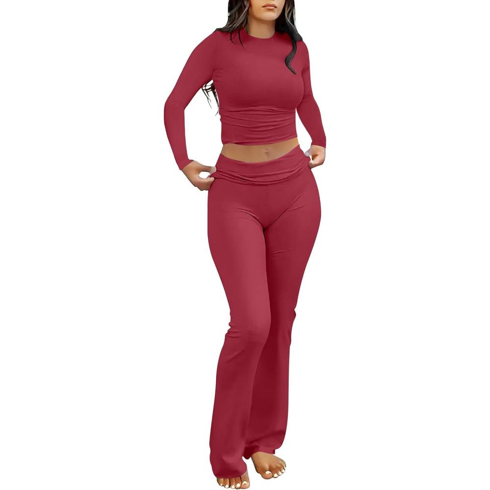imageANRABESS Women 2 Piece Outfits Fall Lounge Sets Long Sleeve Cropped Top Fold Over Flare Pants Comfy Pajamas Set Y2K ClothesPlain Red