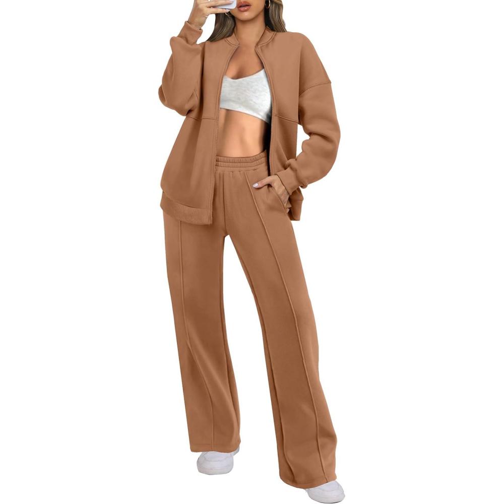 imageANRABESS Women 2 Piece Outfits Lounge Set Oversized Zip Up Sweatshirt Jacket Sweatpant Matching Sweat Sets Winter SweatsuitsBrown