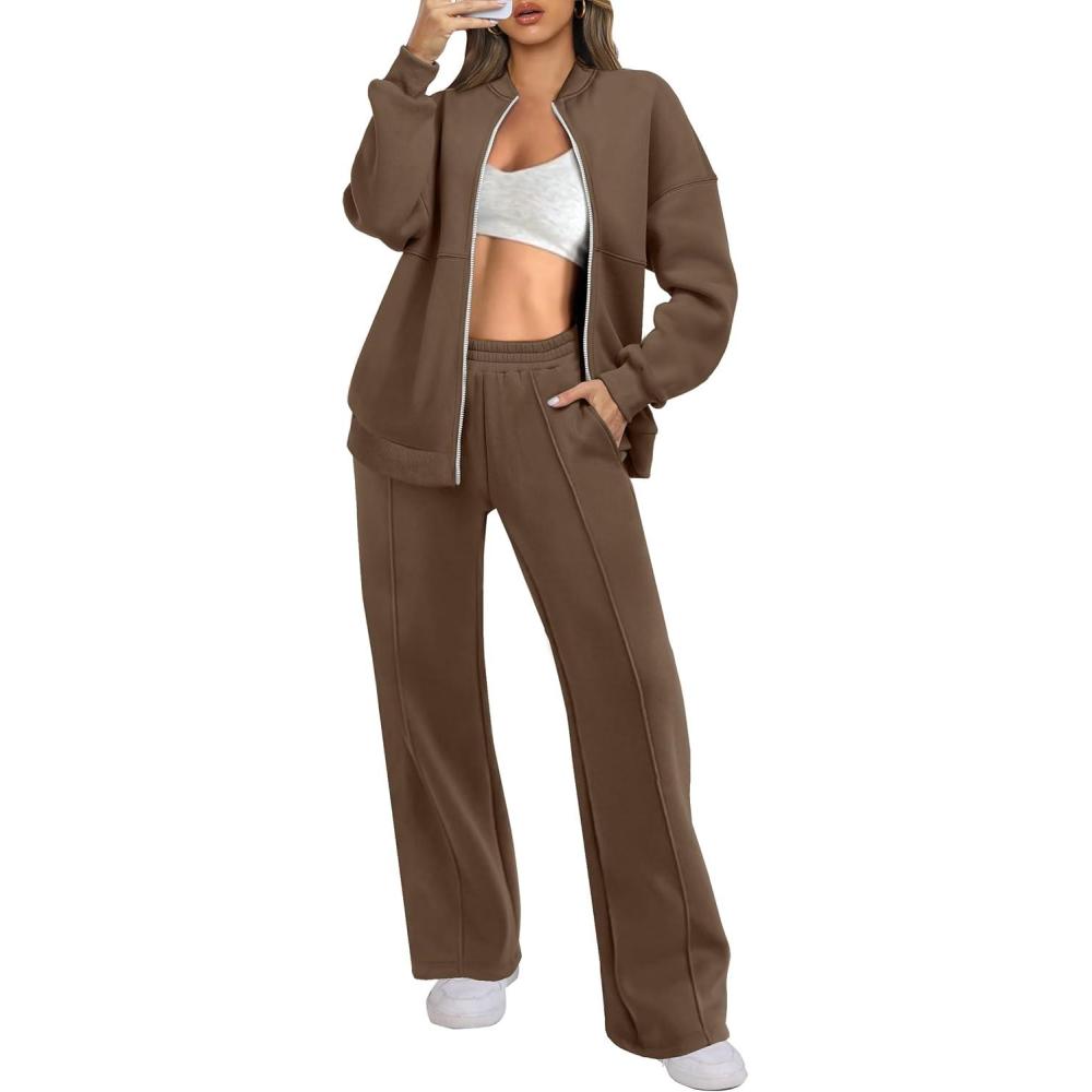 imageANRABESS Women 2 Piece Outfits Lounge Set Oversized Zip Up Sweatshirt Jacket Sweatpant Matching Sweat Sets Winter SweatsuitsDark Brown