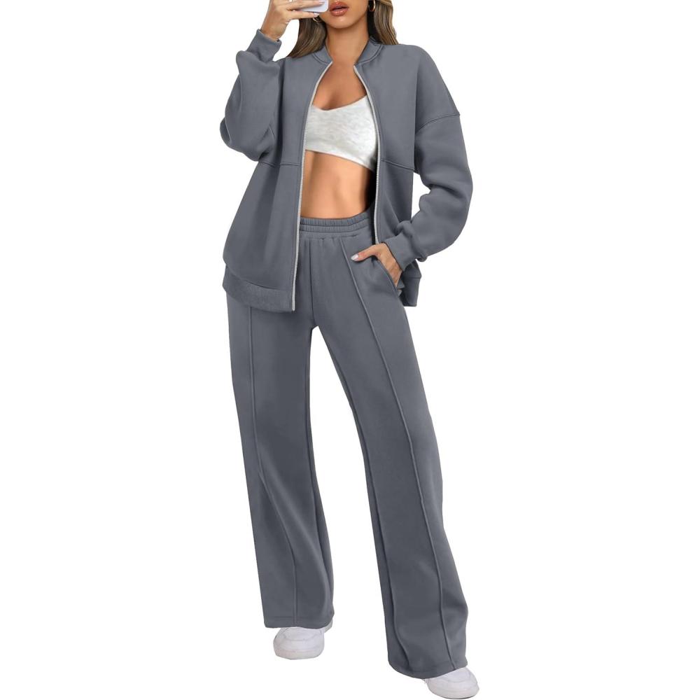imageANRABESS Women 2 Piece Outfits Lounge Set Oversized Zip Up Sweatshirt Jacket Sweatpant Matching Sweat Sets Winter SweatsuitsDark Grey