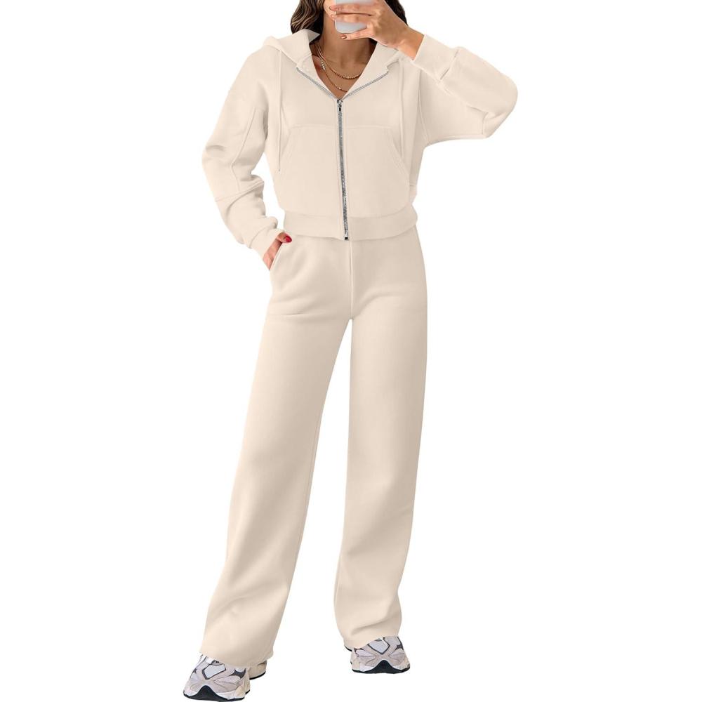 imageANRABESS Women 2 Piece Outfits Sweatsuit Zip Up Crop Hoodies SweatPants Lounge Matching Sweat Set 2024 Winter Trendy ClothesBeige