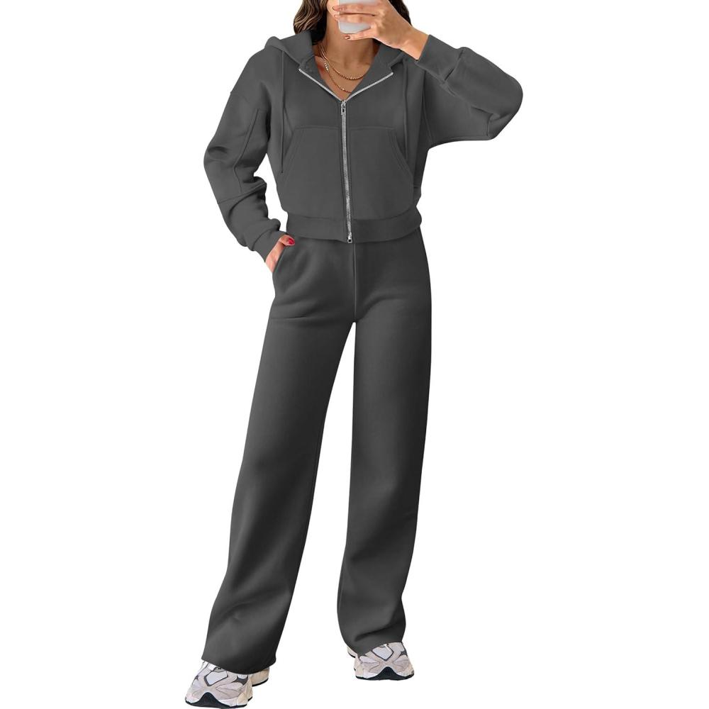 imageANRABESS Women 2 Piece Outfits Sweatsuit Zip Up Crop Hoodies SweatPants Lounge Matching Sweat Set 2024 Winter Trendy ClothesDark Grey