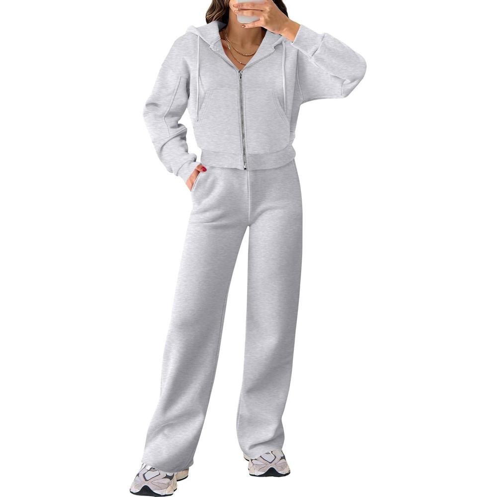 imageANRABESS Women 2 Piece Outfits Sweatsuit Zip Up Crop Hoodies SweatPants Lounge Matching Sweat Set 2024 Winter Trendy ClothesGrey