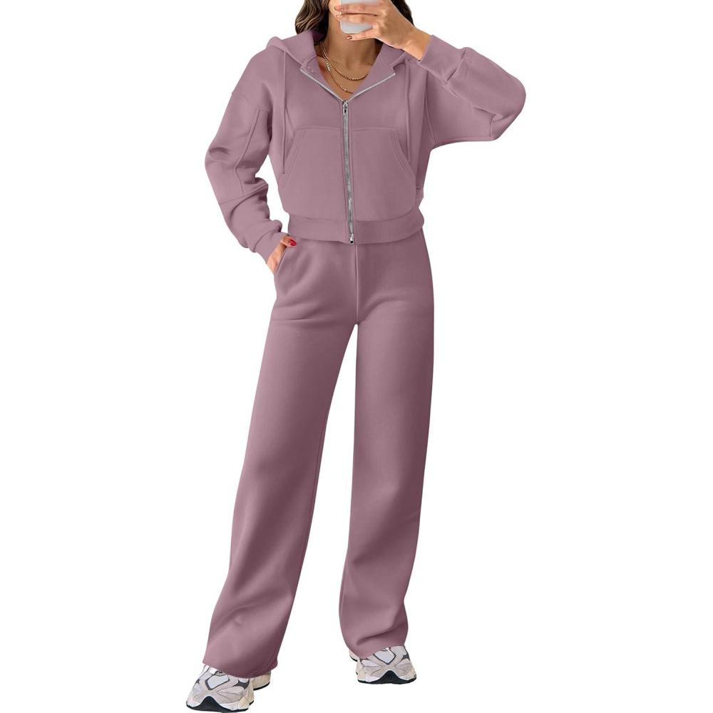 imageANRABESS Women 2 Piece Outfits Sweatsuit Zip Up Crop Hoodies SweatPants Lounge Matching Sweat Set 2024 Winter Trendy ClothesLight Purple
