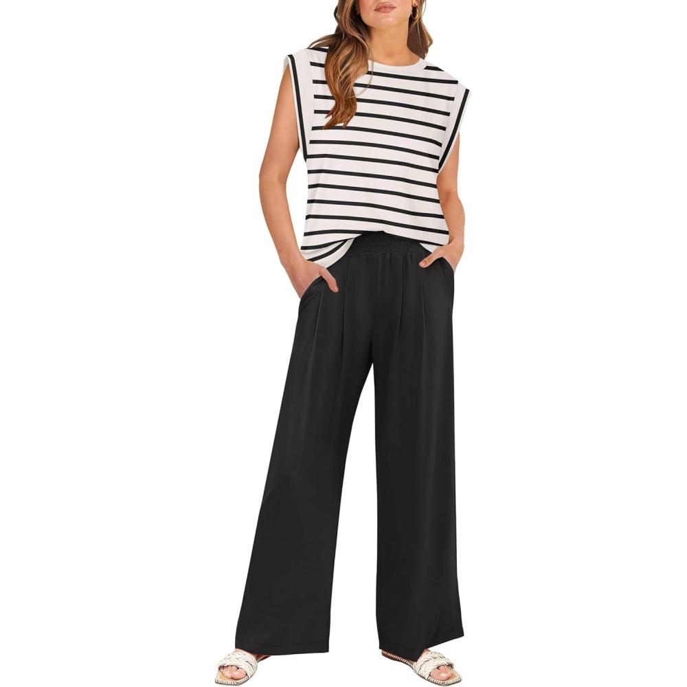 imageANRABESS Women 2 Piece Outfits Tank Top ampamp Palazzo Pants 2025 Summer Lounge Matching Sets Travel Vacation Beach ClothingStripe Black and White