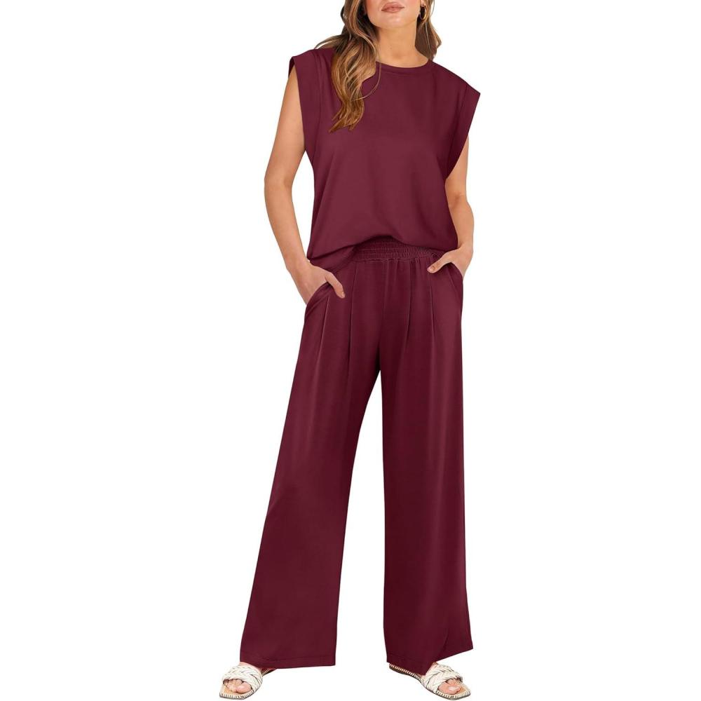 imageANRABESS Women 2 Piece Outfits Tank Top ampamp Palazzo Pants 2025 Summer Lounge Matching Sets Travel Vacation Beach ClothingWine Red