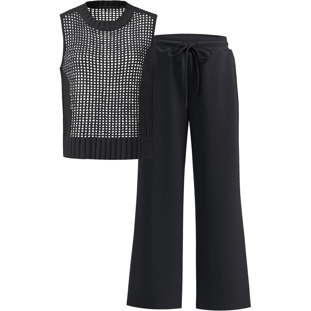 imageANRABESS Women 2 Piece Summer Outfits 2025 Crochet Sweater Vest Wide Leg Pants Lounge Matching Sets Travel Vacation ClothesBlack