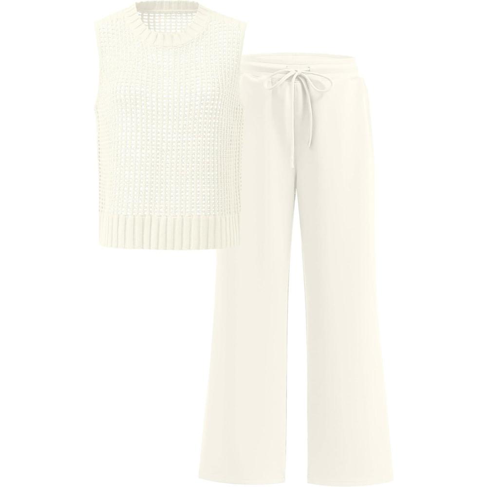 imageANRABESS Women 2 Piece Summer Outfits 2025 Crochet Sweater Vest Wide Leg Pants Lounge Matching Sets Travel Vacation ClothesCreamy White