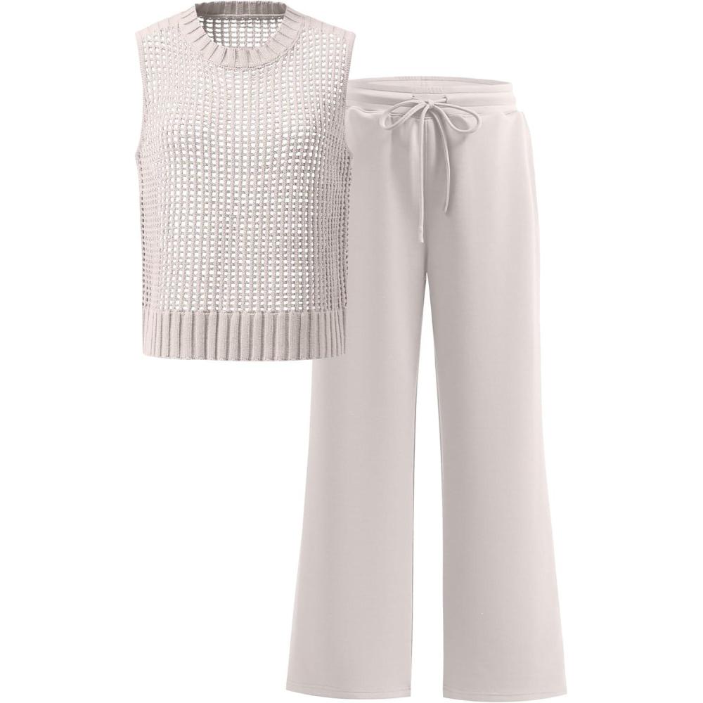 imageANRABESS Women 2 Piece Summer Outfits 2025 Crochet Sweater Vest Wide Leg Pants Lounge Matching Sets Travel Vacation ClothesLight Khaki