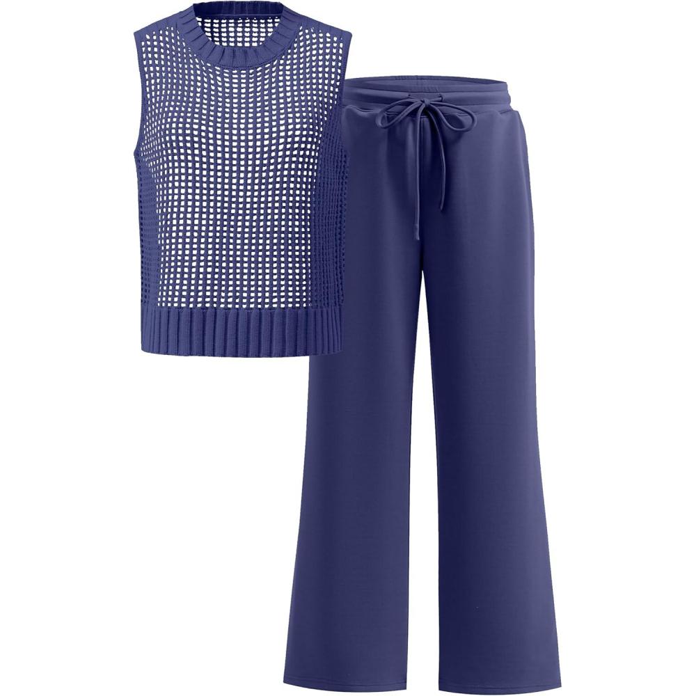 imageANRABESS Women 2 Piece Summer Outfits 2025 Crochet Sweater Vest Wide Leg Pants Lounge Matching Sets Travel Vacation ClothesNavy Blue