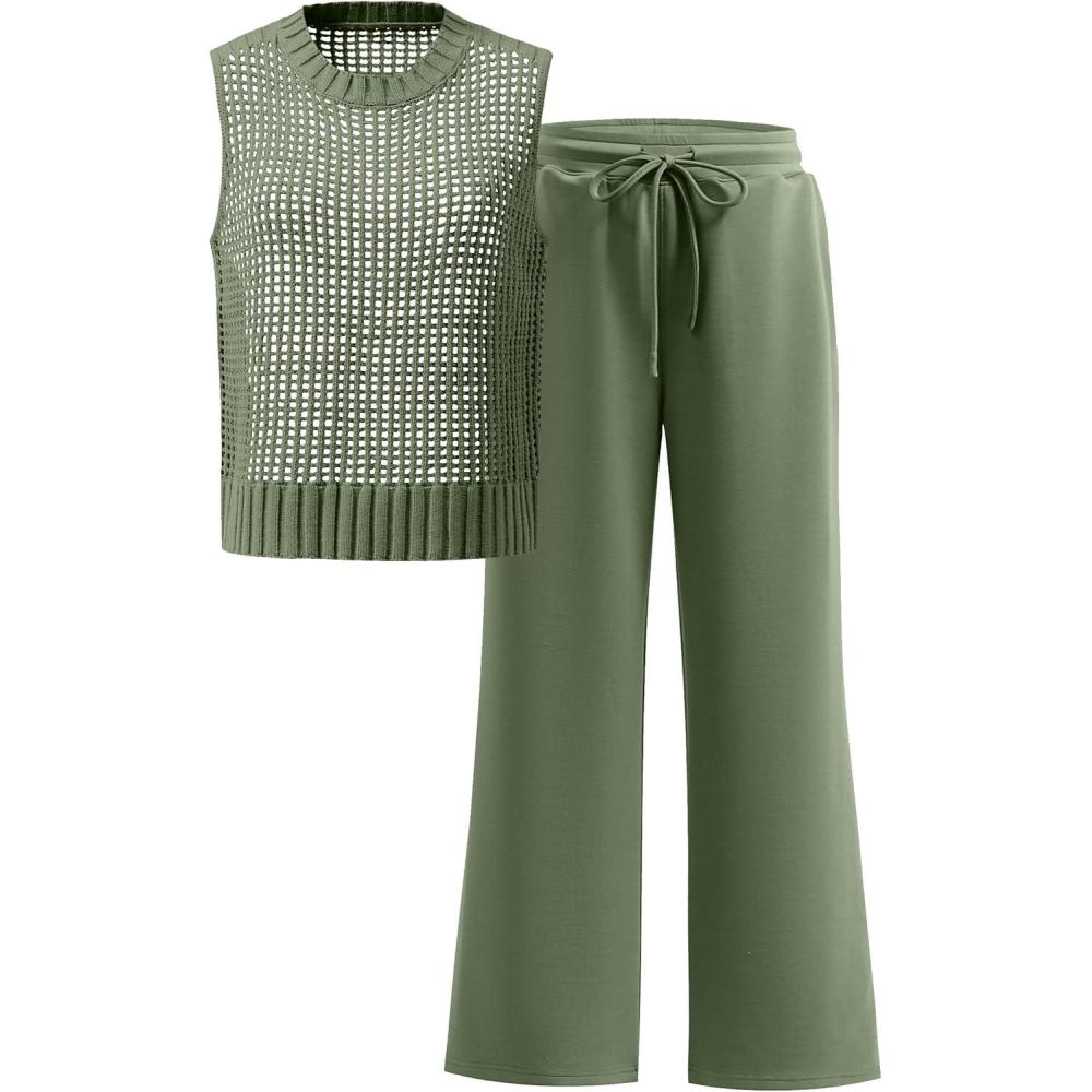 imageANRABESS Women 2 Piece Summer Outfits 2025 Crochet Sweater Vest Wide Leg Pants Lounge Matching Sets Travel Vacation ClothesOlive Green