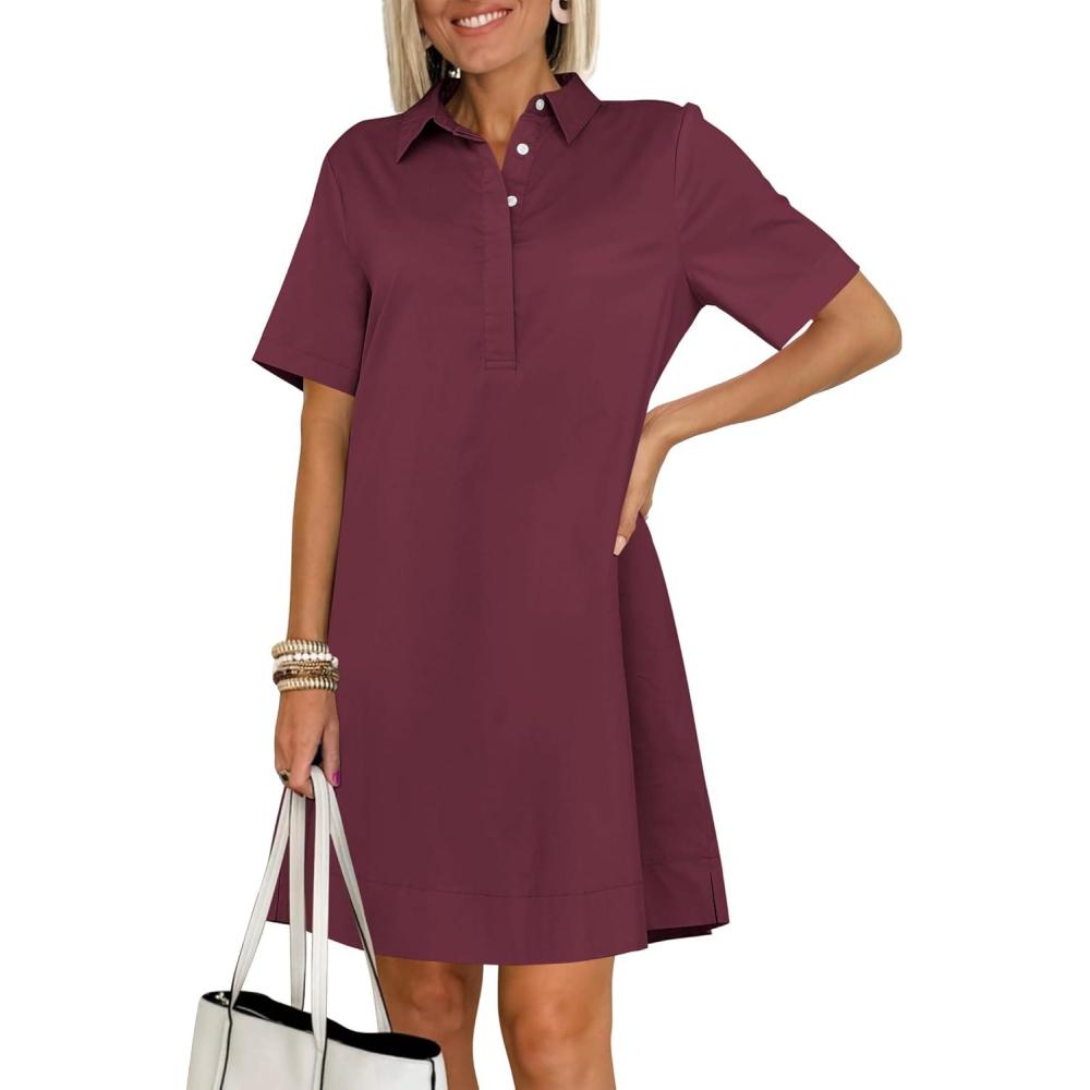 imageANRABESS Women Button Down Shirts Dress Summer Casual Oversized Short Sleeve Mini Dresses with Pockets 2025 TrendyBurgundy