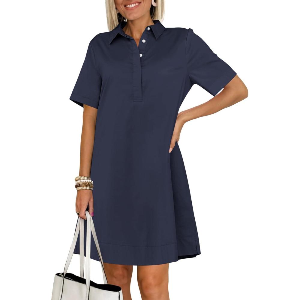 imageANRABESS Women Button Down Shirts Dress Summer Casual Oversized Short Sleeve Mini Dresses with Pockets 2025 TrendyNavy Blue