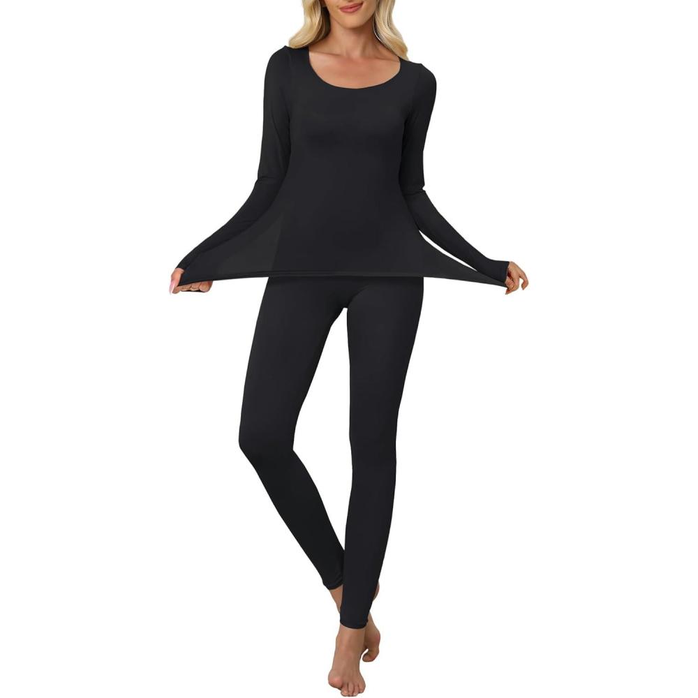 imageANRABESS Women Lightweight See Through Sexy Thermal Underwear Sets Fall Ultra Stretchy 2 Piece Pajamas Lounge Basic Layer SetBlack