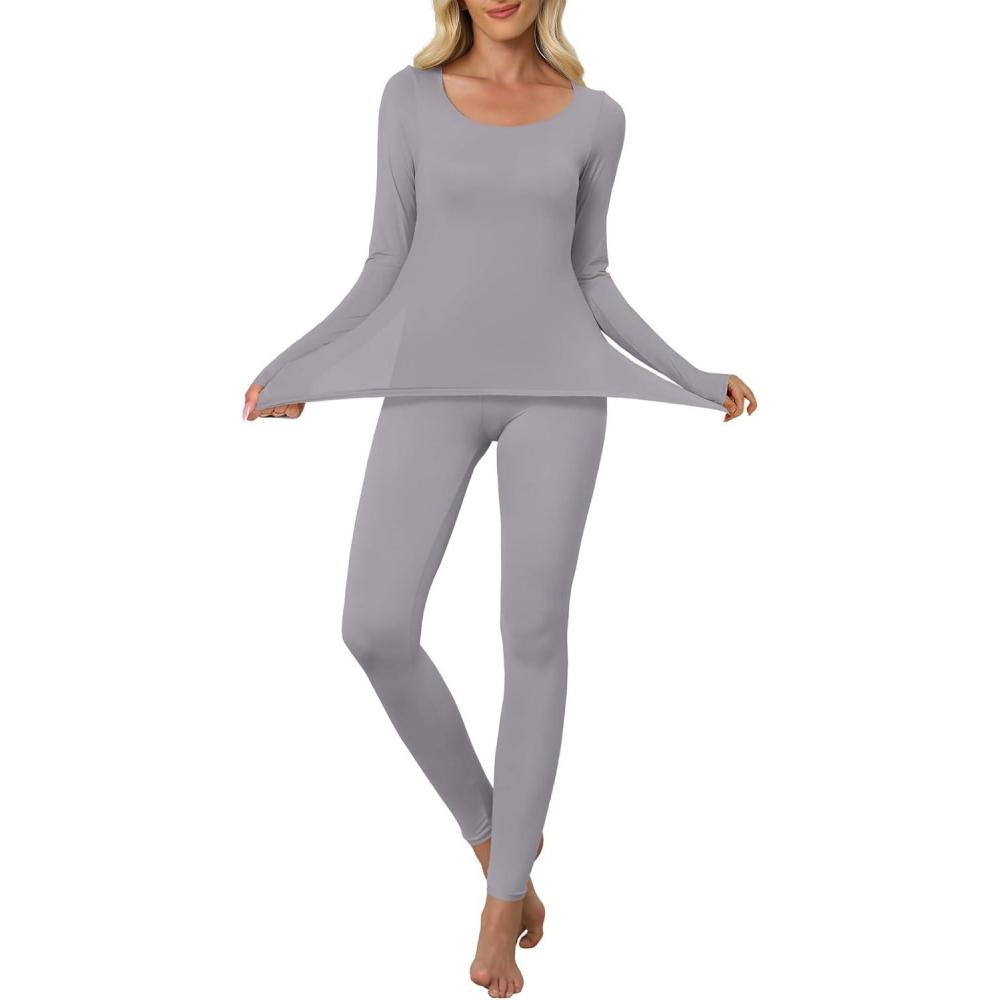 imageANRABESS Women Lightweight See Through Sexy Thermal Underwear Sets Fall Ultra Stretchy 2 Piece Pajamas Lounge Basic Layer SetGrey