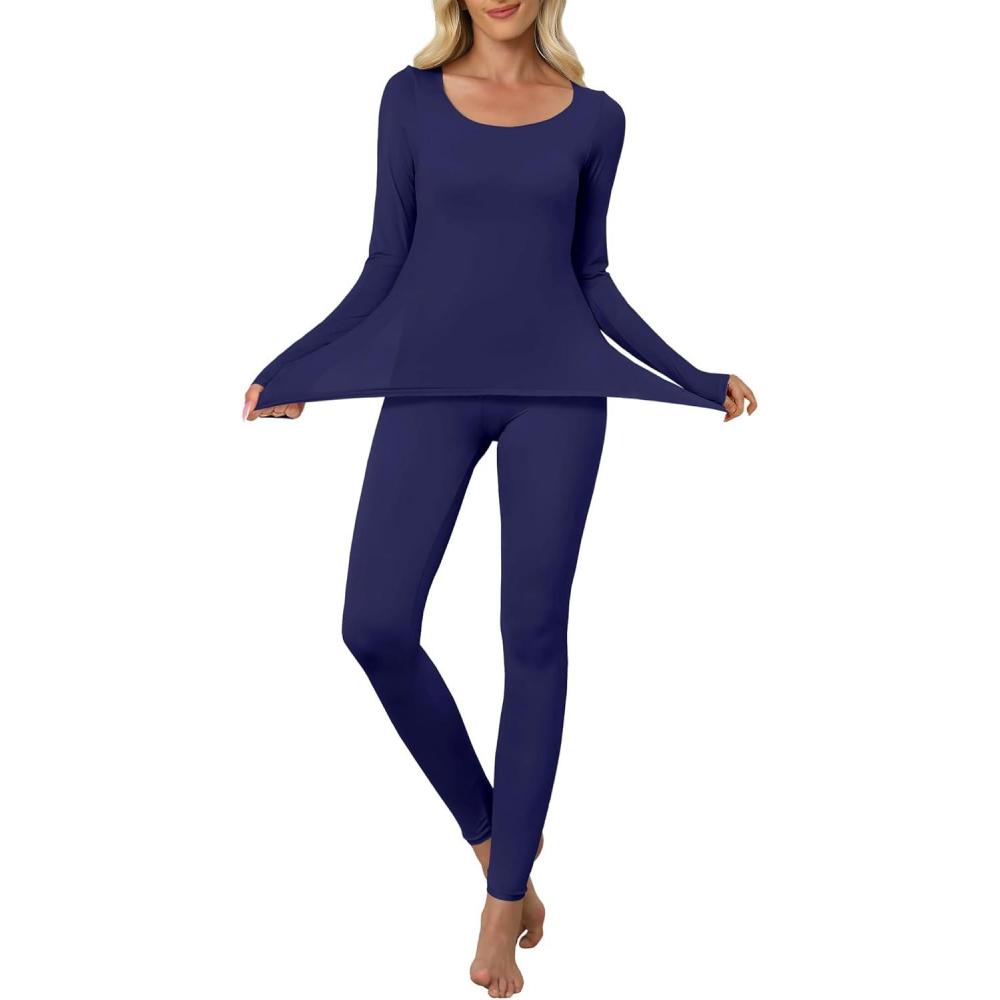 imageANRABESS Women Lightweight See Through Sexy Thermal Underwear Sets Fall Ultra Stretchy 2 Piece Pajamas Lounge Basic Layer SetNavy Blue