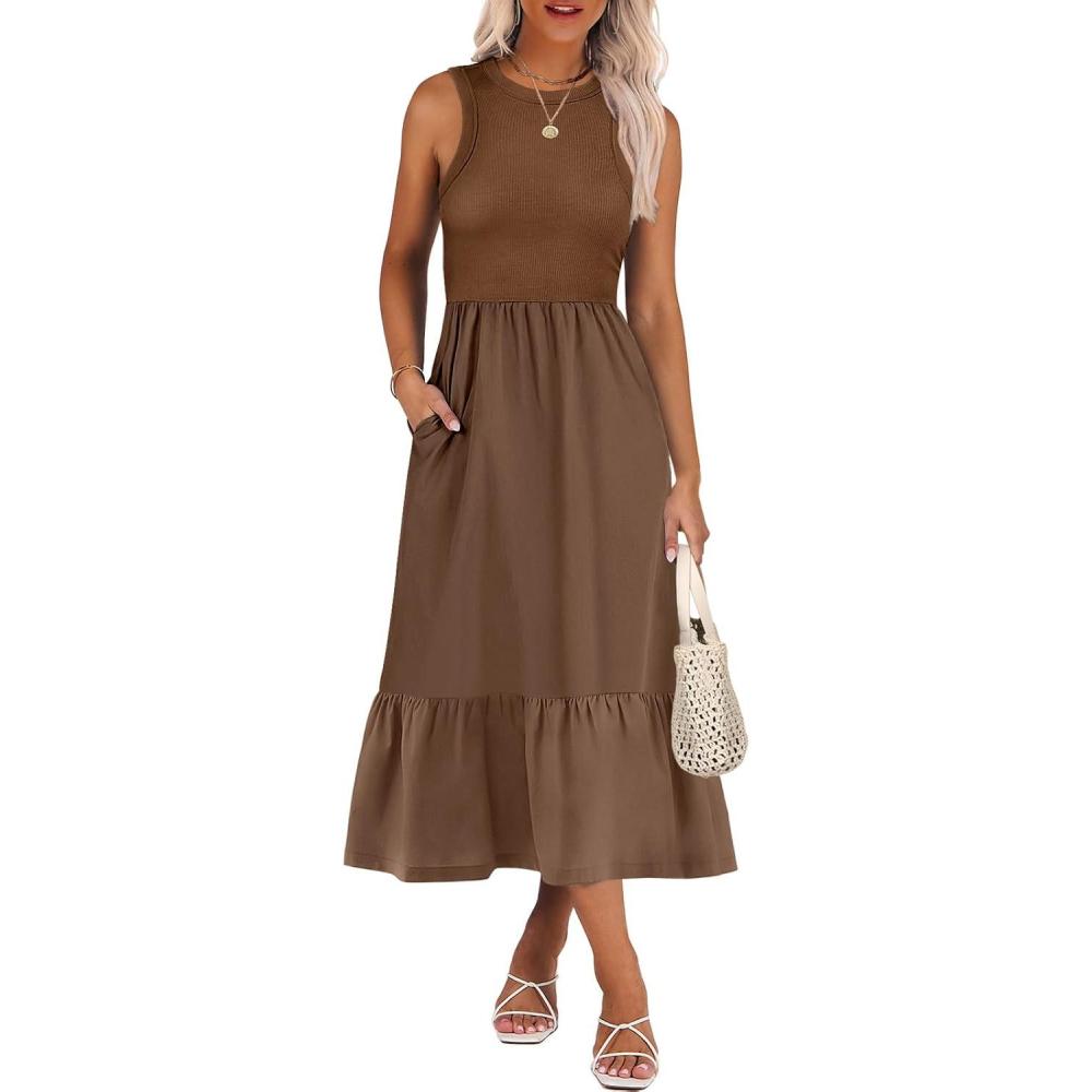 imageANRABESS Women Midi Dresses 2025 Summer Casual Sleeveless Sundress High Neck Tank Top Racerback Flowy Beach Dress  PocketsBrown