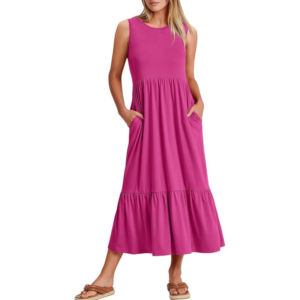 imageANRABESS Women Summer Casual Sleeveless Crewneck Sundress Aline Flowy Tiered Maxi Long Beach Dress Vacation OutfitsHot Pink