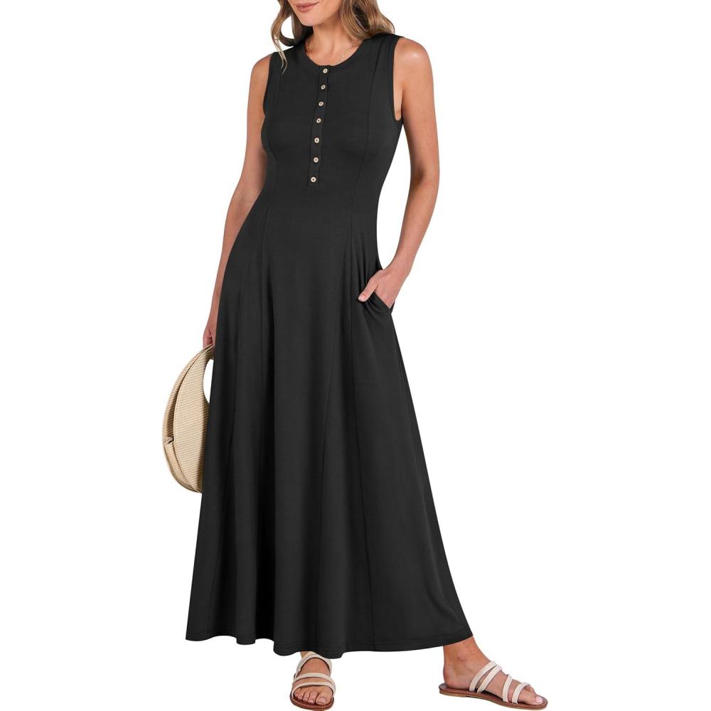 imageANRABESS Women Summer Casual Sleeveless Maxi Sundress Button Fit ampamp Flare ALine Flowy Long Dresses 2025 Beach OutfitsBlack