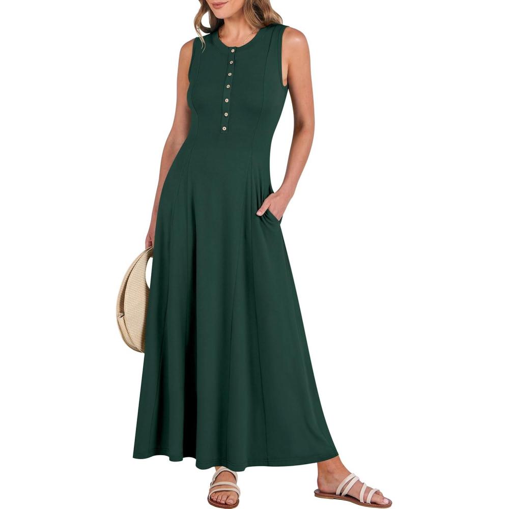 imageANRABESS Women Summer Casual Sleeveless Maxi Sundress Button Fit ampamp Flare ALine Flowy Long Dresses 2025 Beach OutfitsDeep Green