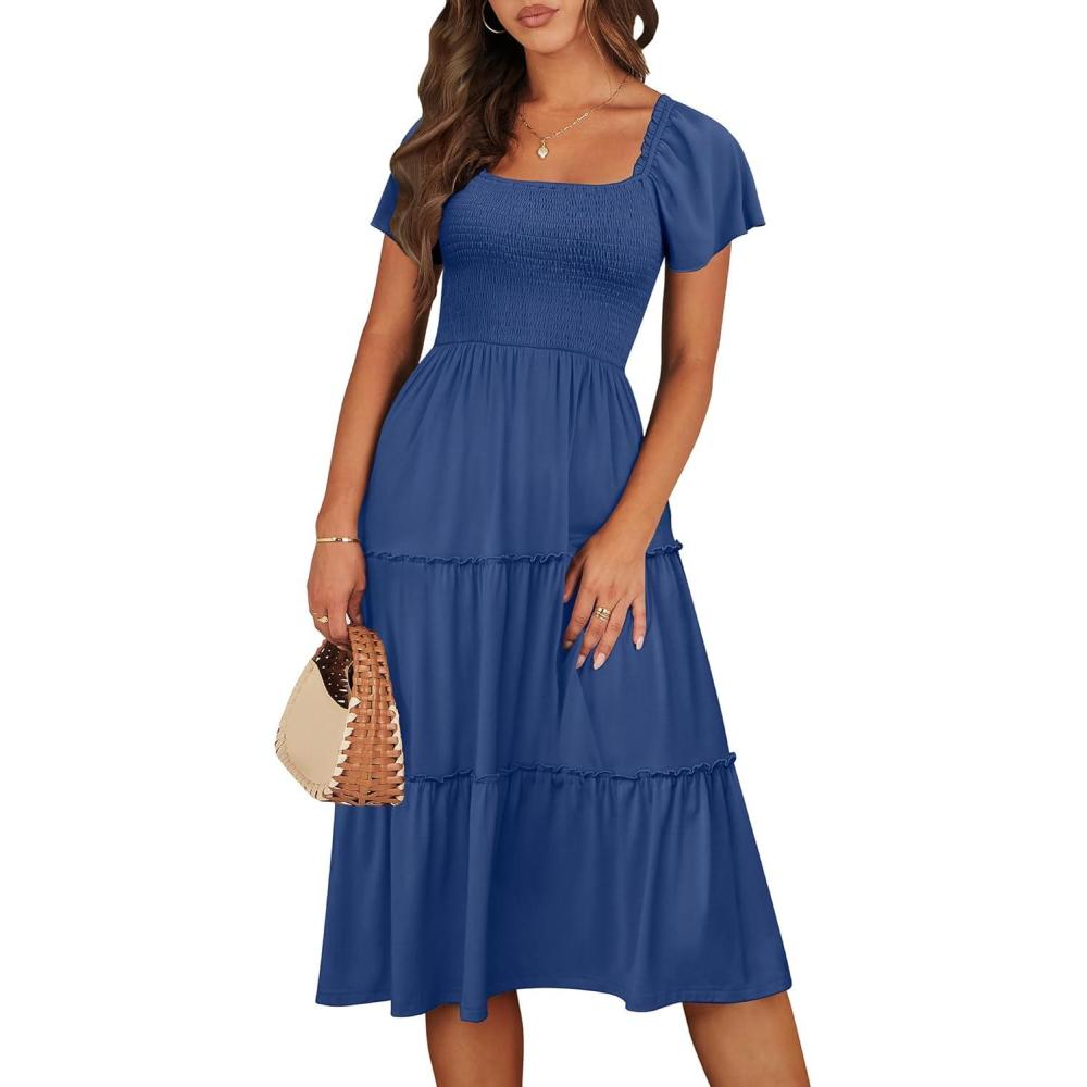 imageANRABESS Women Summer Casual Square Neck Flutter Sleeve Boho Smocked ALine Flowy Tiered Modest Midi Sun Dress with PocketsBlue