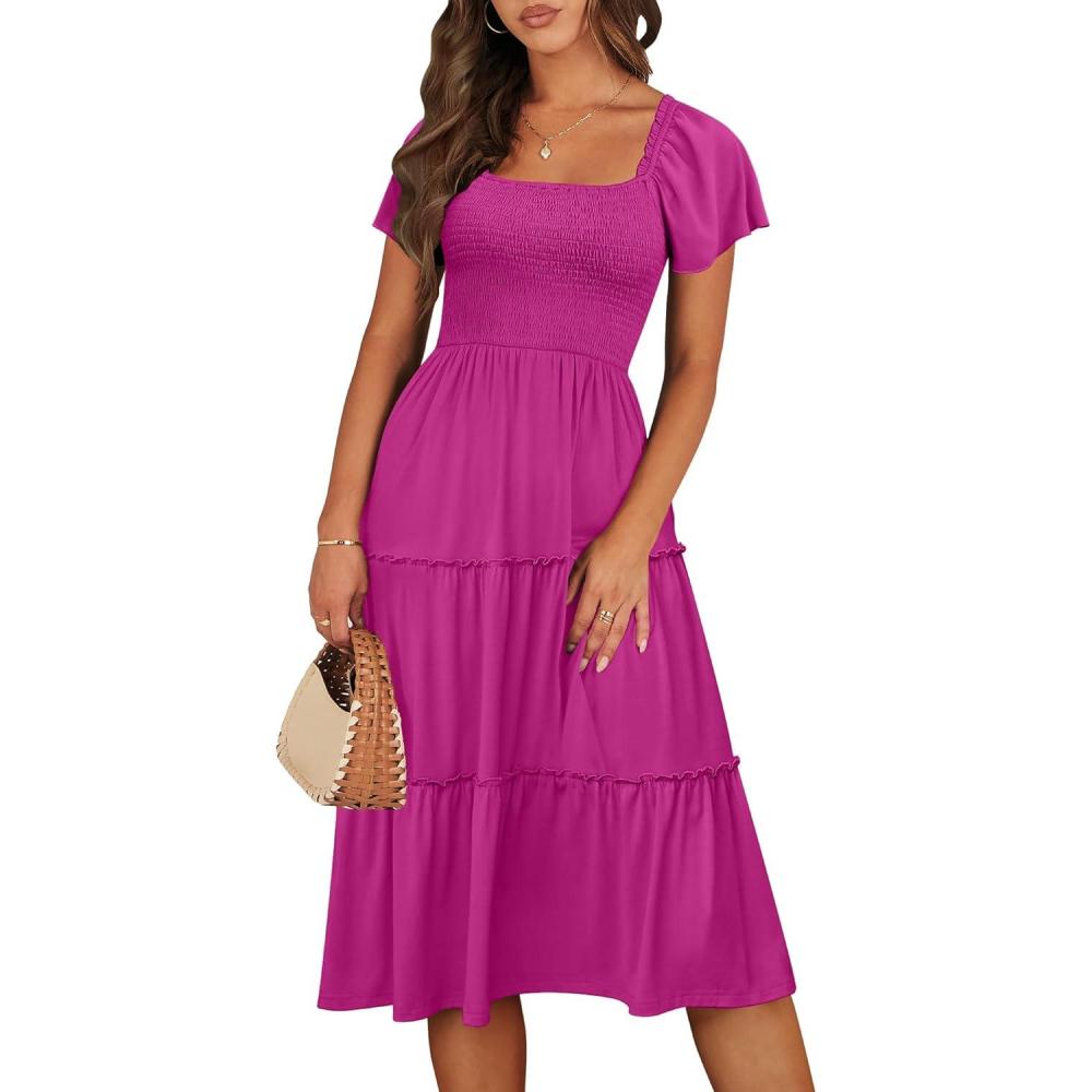 imageANRABESS Women Summer Casual Square Neck Flutter Sleeve Boho Smocked ALine Flowy Tiered Modest Midi Sun Dress with PocketsHot Pink