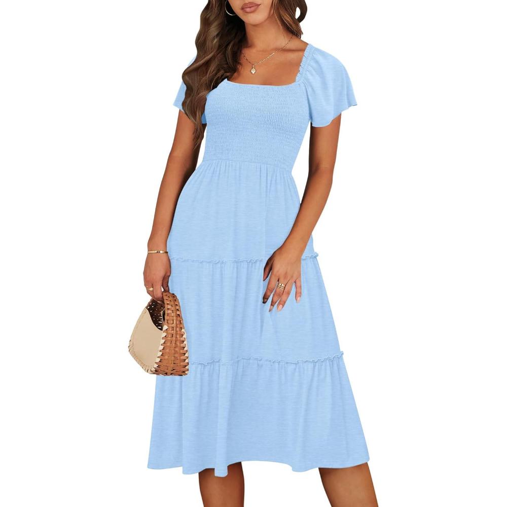imageANRABESS Women Summer Casual Square Neck Flutter Sleeve Boho Smocked ALine Flowy Tiered Modest Midi Sun Dress with PocketsLight Blue