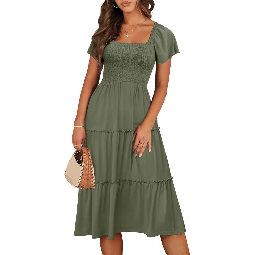 imageANRABESS Women Summer Casual Square Neck Flutter Sleeve Boho Smocked ALine Flowy Tiered Modest Midi Sun Dress with PocketsOlive
