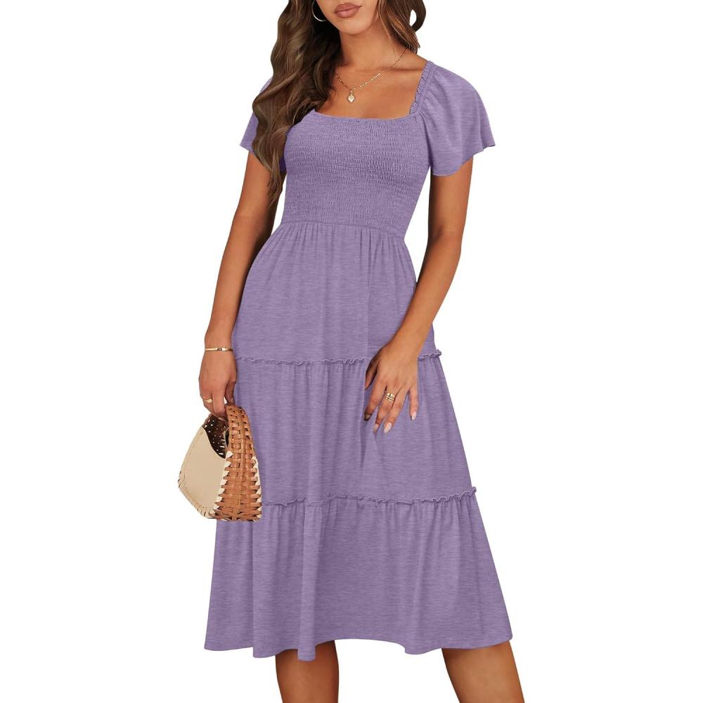 imageANRABESS Women Summer Casual Square Neck Flutter Sleeve Boho Smocked ALine Flowy Tiered Modest Midi Sun Dress with PocketsPurple