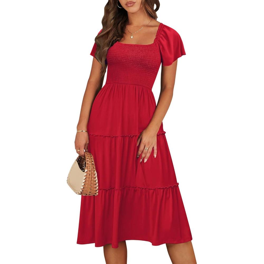 imageANRABESS Women Summer Casual Square Neck Flutter Sleeve Boho Smocked ALine Flowy Tiered Modest Midi Sun Dress with PocketsRed