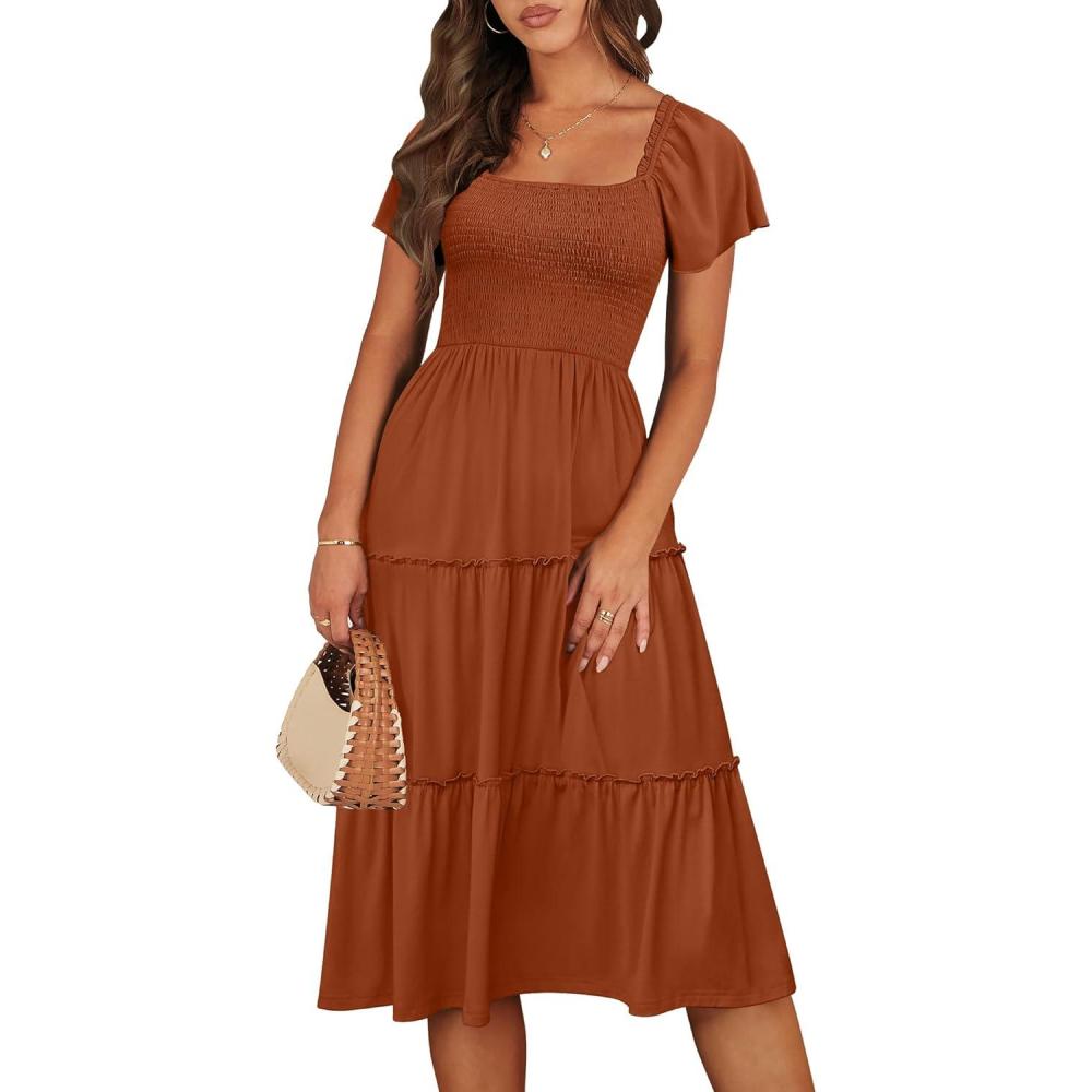 imageANRABESS Women Summer Casual Square Neck Flutter Sleeve Boho Smocked ALine Flowy Tiered Modest Midi Sun Dress with PocketsRust Red
