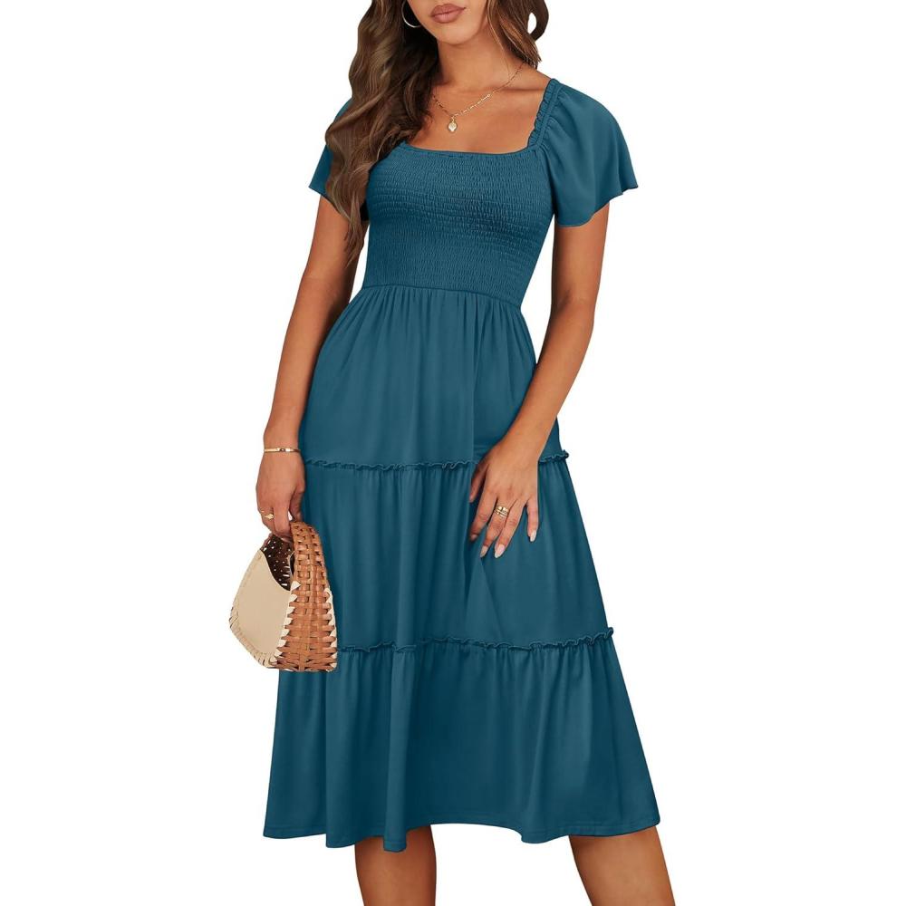imageANRABESS Women Summer Casual Square Neck Flutter Sleeve Boho Smocked ALine Flowy Tiered Modest Midi Sun Dress with PocketsTeal