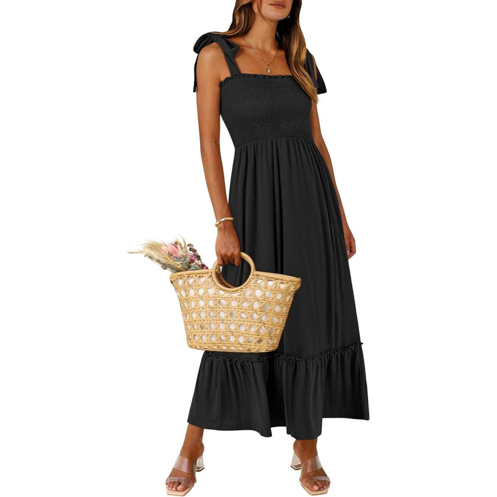 imageANRABESS Women Summer Casual Strap Smocked Maxi Flowy Tiered A Line Beach Travel Sundress Wedding Guest OutfitsBlack