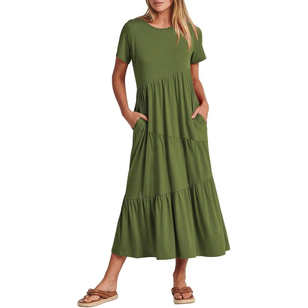 imageANRABESS Women Summer Maxi Dress Short Sleeve Swing Casual Asymmetric Tiered Vacation Long Beach Sundress OutfitsArmy Green