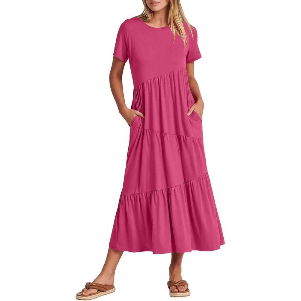 imageANRABESS Women Summer Maxi Dress Short Sleeve Swing Casual Asymmetric Tiered Vacation Long Beach Sundress OutfitsRose
