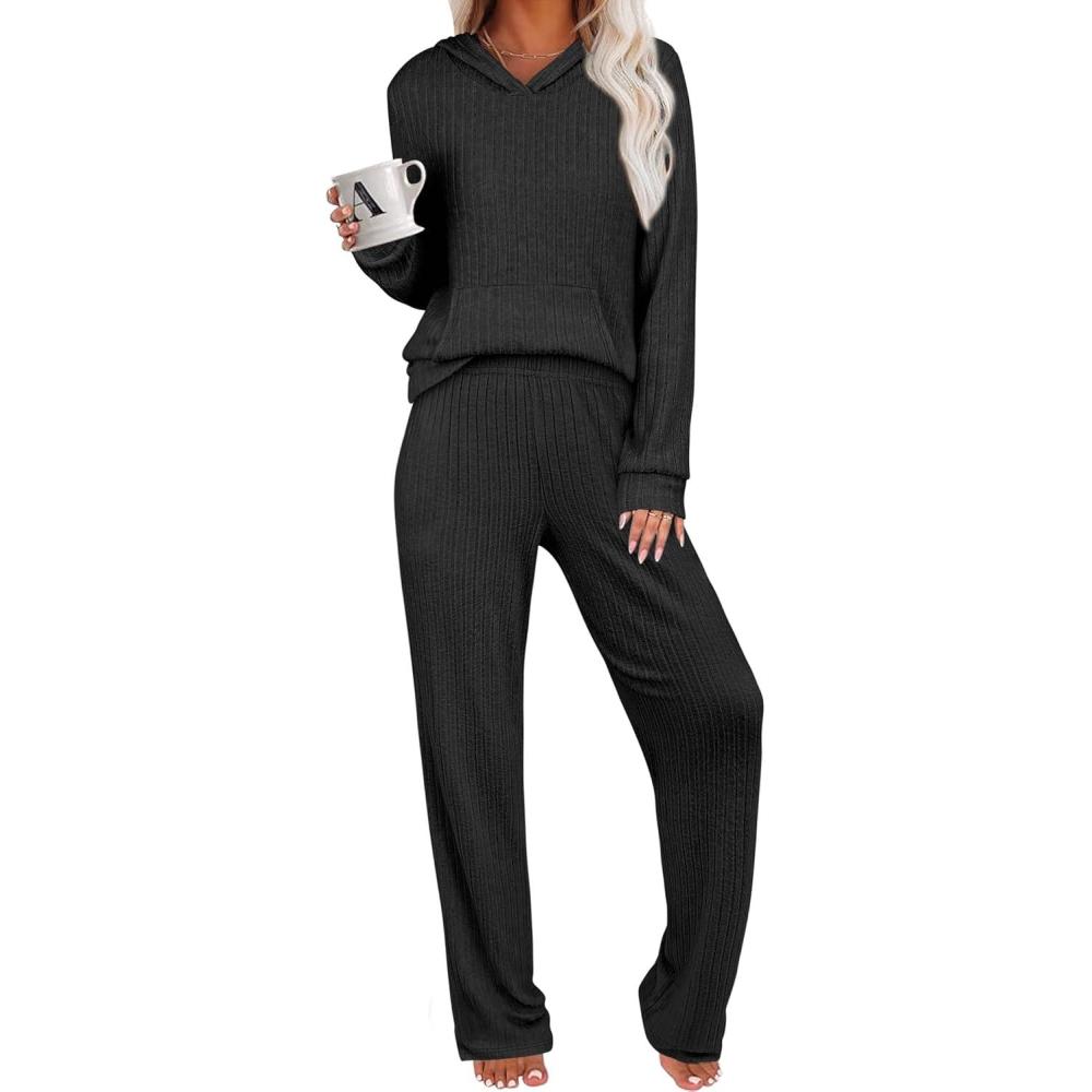 imageANRABESS Womens 2 Piece Lounge Pajama Sets Ribbed Knit Long Sleeve Hoodies Tops Matching Pants Casual Fall Sleepwear OutfitsBlack