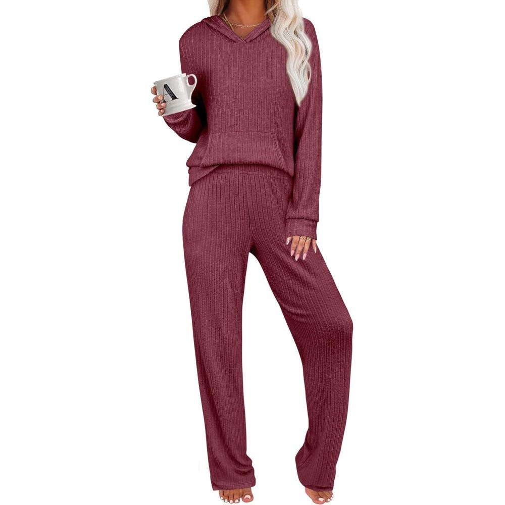 imageANRABESS Womens 2 Piece Lounge Pajama Sets Ribbed Knit Long Sleeve Hoodies Tops Matching Pants Casual Fall Sleepwear OutfitsDark Red