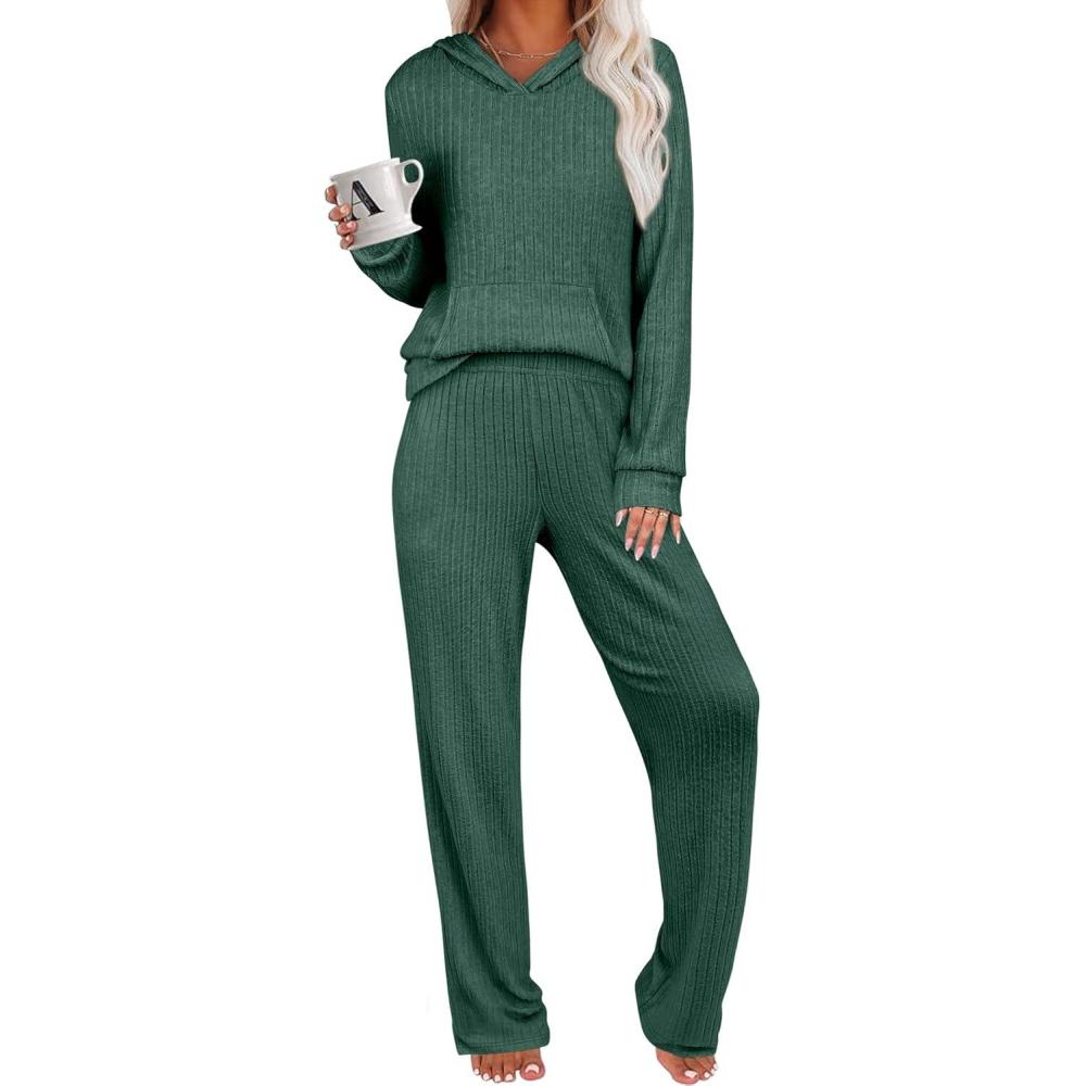 imageANRABESS Womens 2 Piece Lounge Pajama Sets Ribbed Knit Long Sleeve Hoodies Tops Matching Pants Casual Fall Sleepwear OutfitsGreen