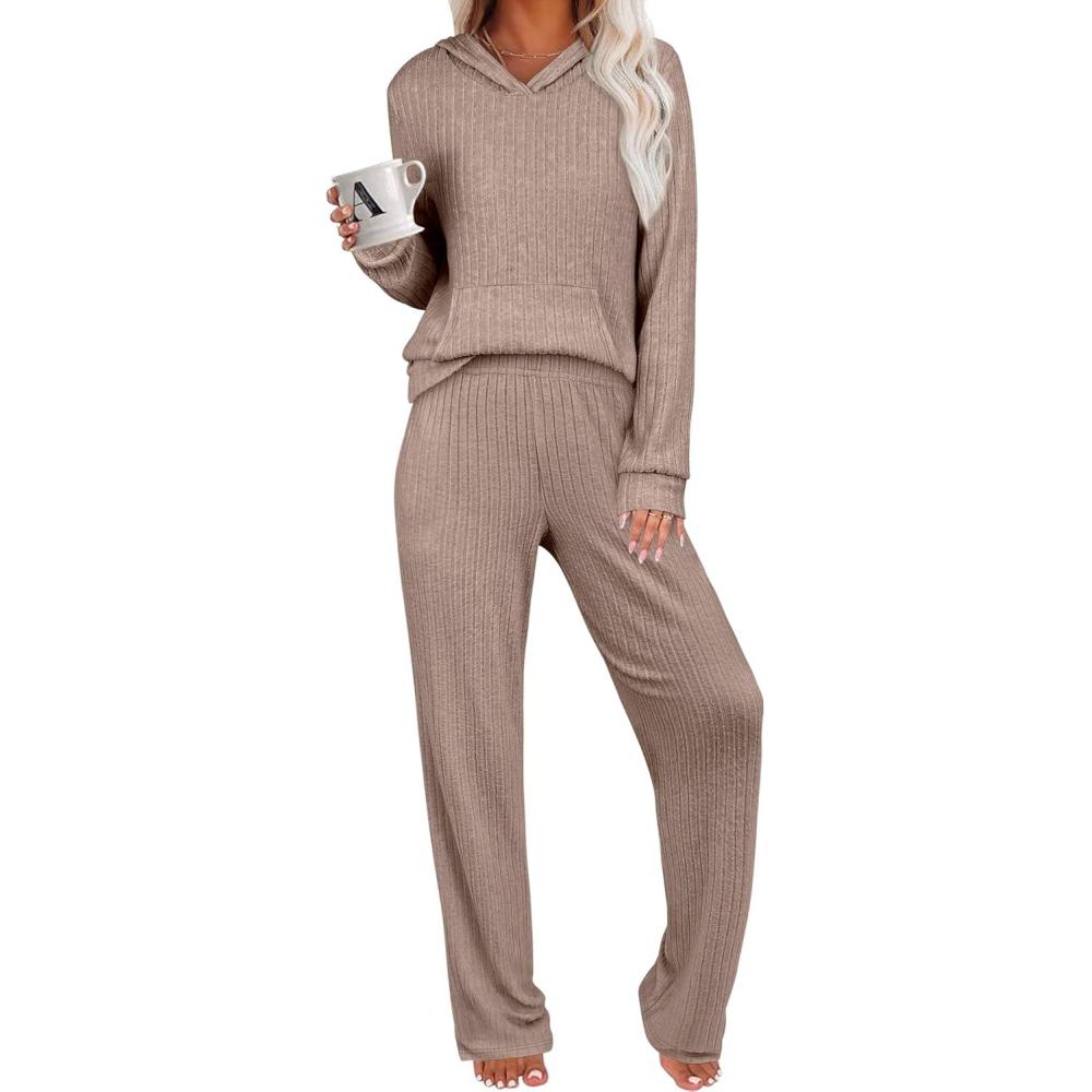 imageANRABESS Womens 2 Piece Lounge Pajama Sets Ribbed Knit Long Sleeve Hoodies Tops Matching Pants Casual Fall Sleepwear OutfitsTan