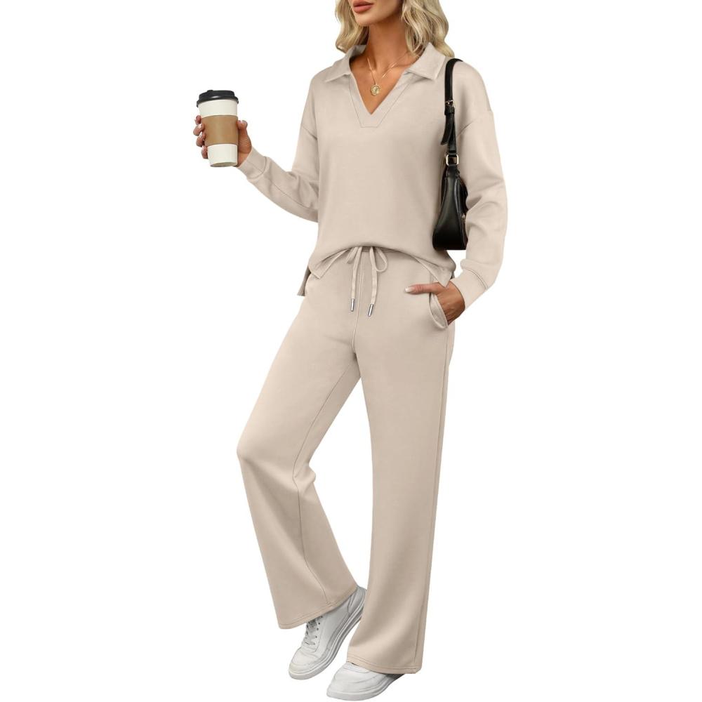 imageANRABESS Womens 2 Piece Outfits Lounge Sets Casual Long Sleeve Sweatsuits Polo Top Wide Leg Pants Fall Sweat Matching SetsLighter Khaki
